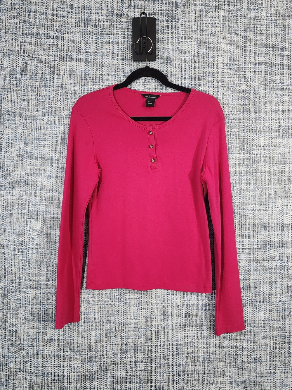 Moda International Magenta Pink Henley Top 100% Cotton Long Sleeve Large